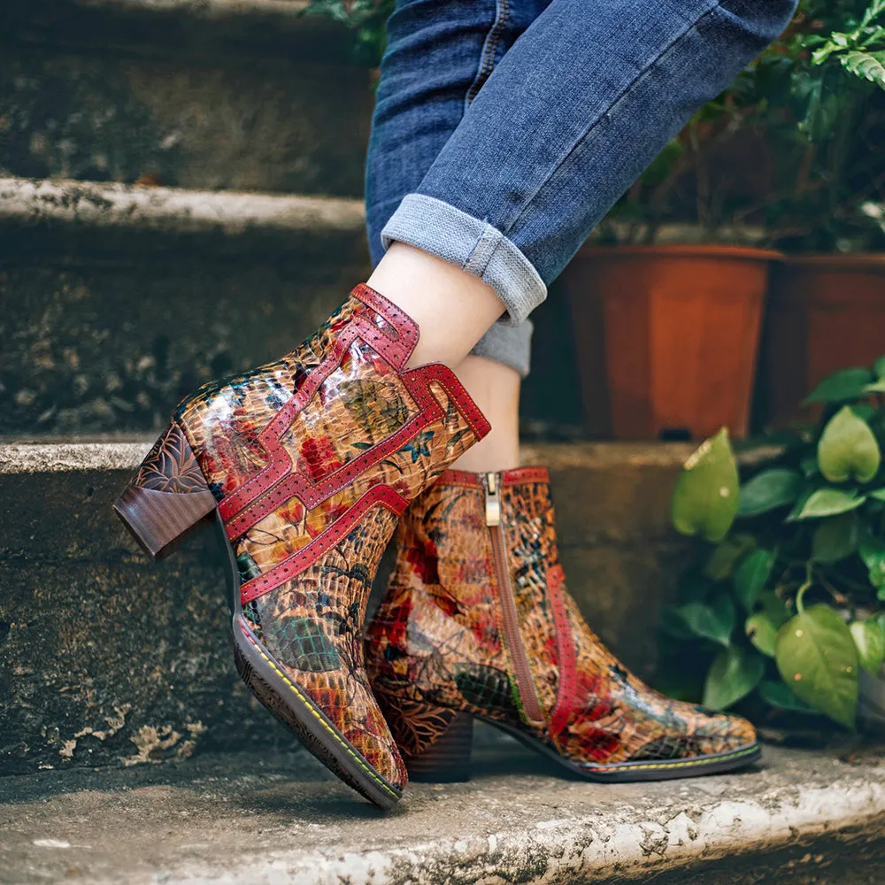 Women's Brown Patterned Vintage Leather Ankle Boots